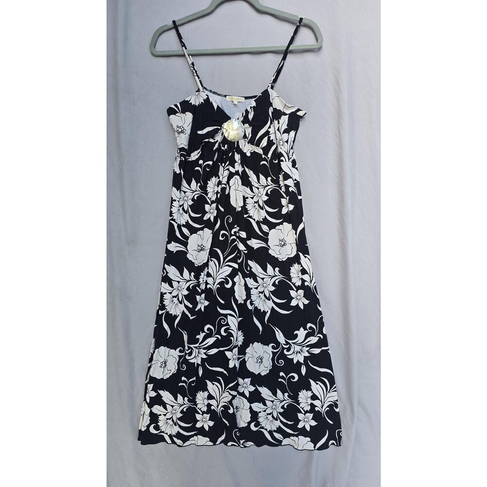 Zen-Knits Dress Womens Large Black White Floral V Neck Sundress Tropical Shell